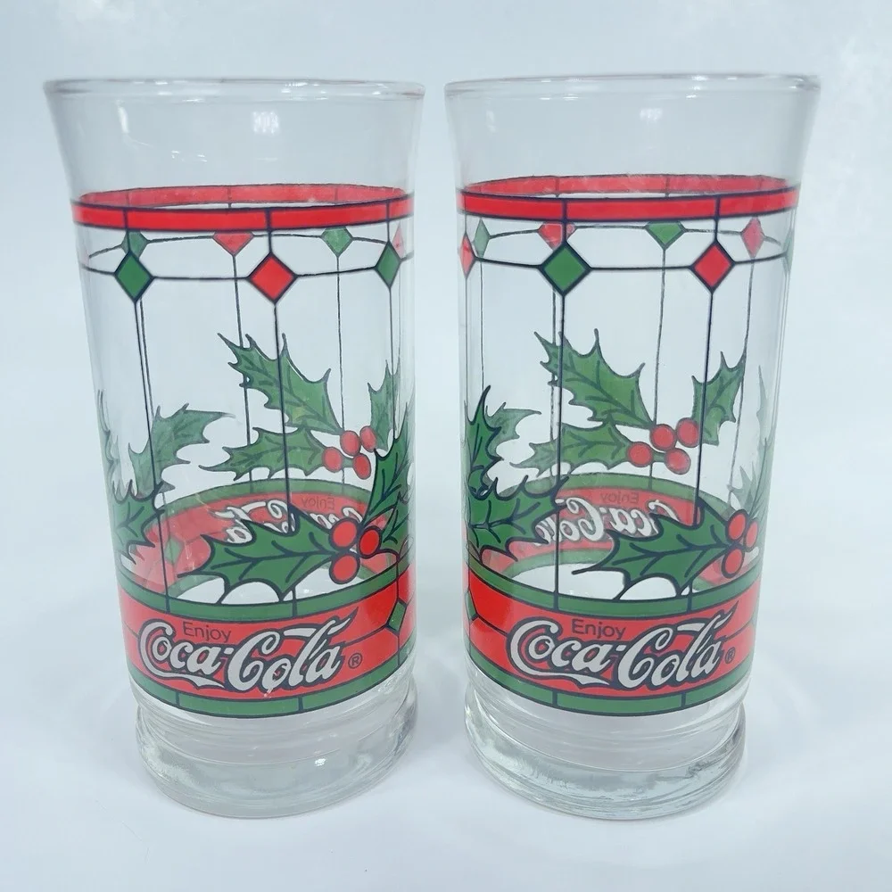 Vintage COCA COLA Christmas Holly Berry Stained Glass Drinking Glasses Set‎ Of 2